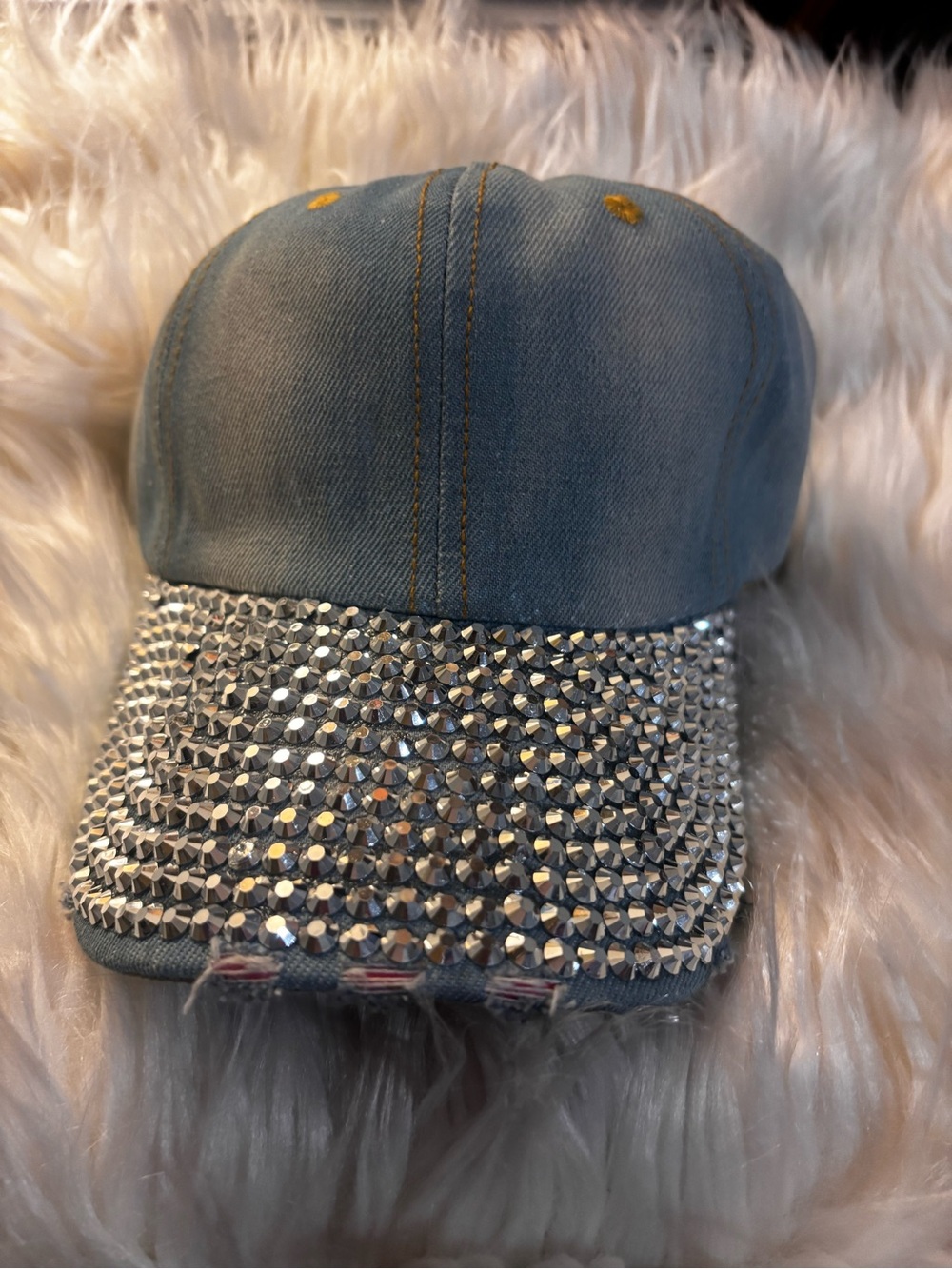 Denim Baseball Cap with Rhinestone Brim